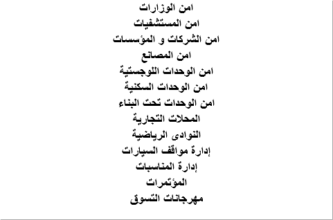 امن الوزارات امن المستشفيات امن الشركات و المؤسسات امن المصانع امن الوحدات اللوجستية امن الوحدات السكنية امن الوحدات تحت البناء المحلات التجارية النوادى الرياضية إدارة مواقف السيارات إدارة المناسبات المؤتمرات مهرجانات التسوق 